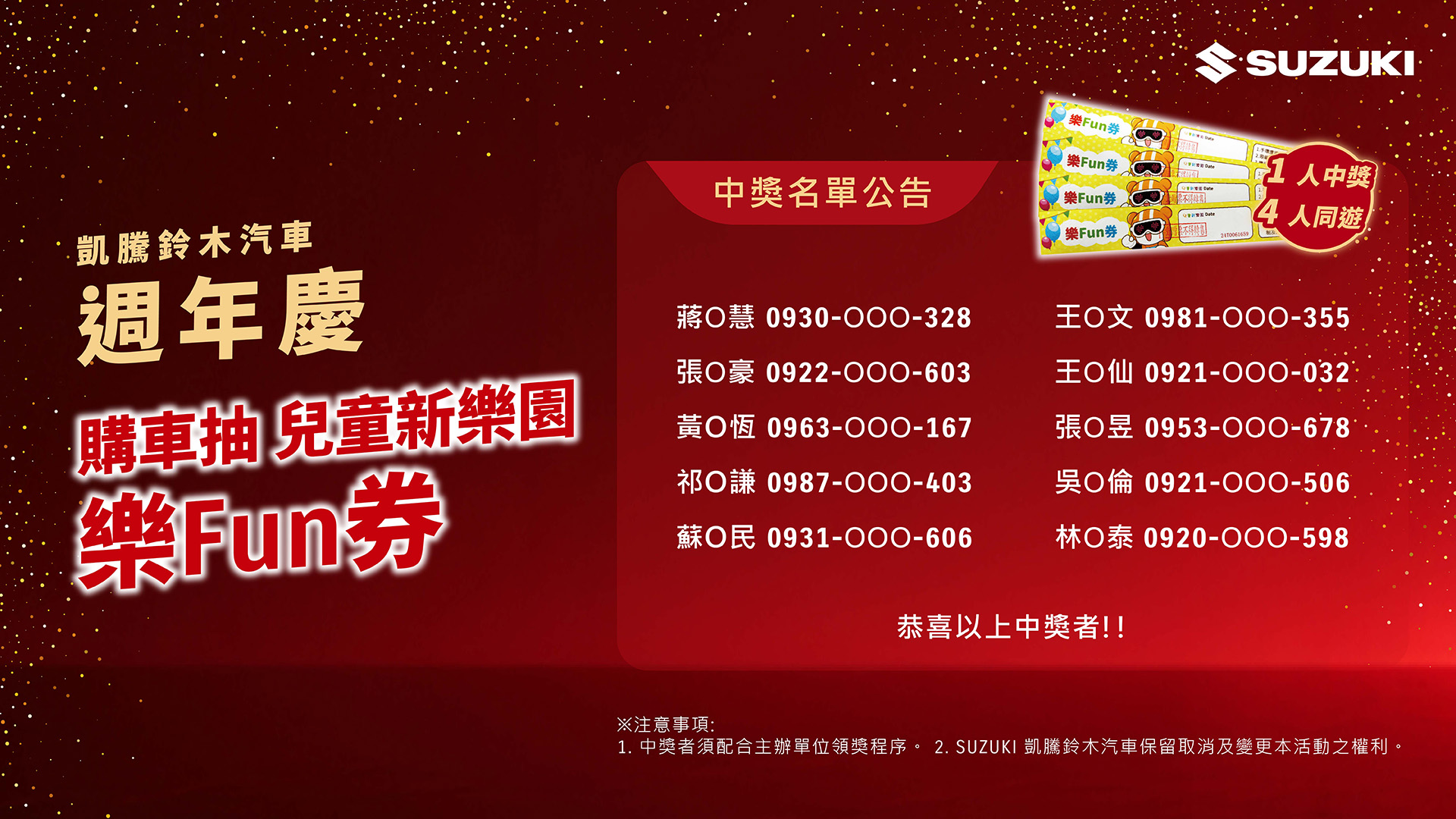 凱騰鈴木汽車週年慶｜購車抽樂Fun券 中獎名單公告